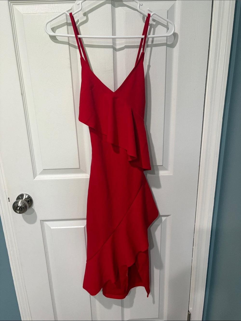 She + Sky Red Ruffle High-Low Slip Dress